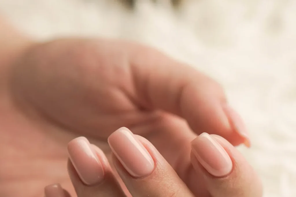 Hand with short square pale pink polished nails resting on a white fur surface