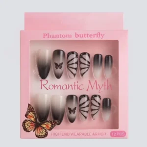 Phantom Butterfly Light Grey to Black Butterfly Wing Pattern Almond Press-On Nails photo 1