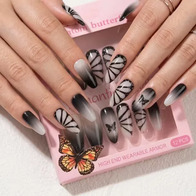Phantom Butterfly Light Grey to Black Butterfly Wing Pattern Almond Press-On Nails photo 2