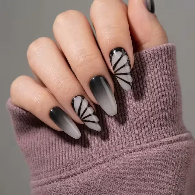 Phantom Butterfly Light Grey to Black Butterfly Wing Pattern Almond Press-On Nails photo 3