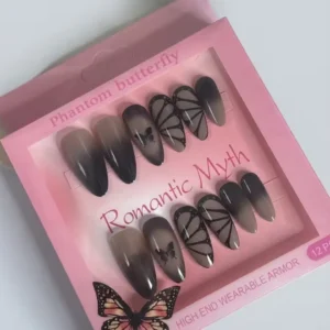 Phantom Butterfly Smoky Black Butterfly Wing Almond Press-On Nails photo 1