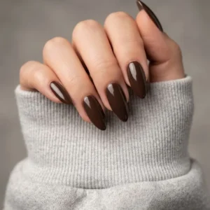 Romantic Cool Chocolate Brown Glossy Almond Press-On Nails photo 1
