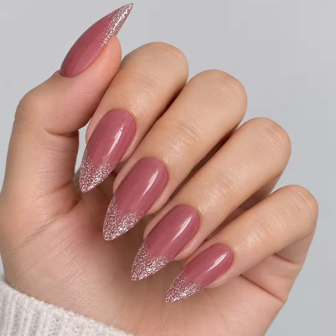 Romantic Cool Dusty Pink Silver Glitter Almond Press-On Nails photo 1