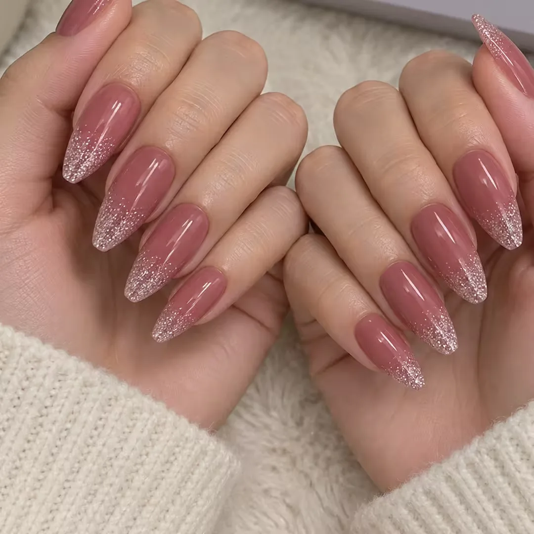 Romantic Cool Dusty Pink Silver Glitter Almond Press-On Nails photo 2