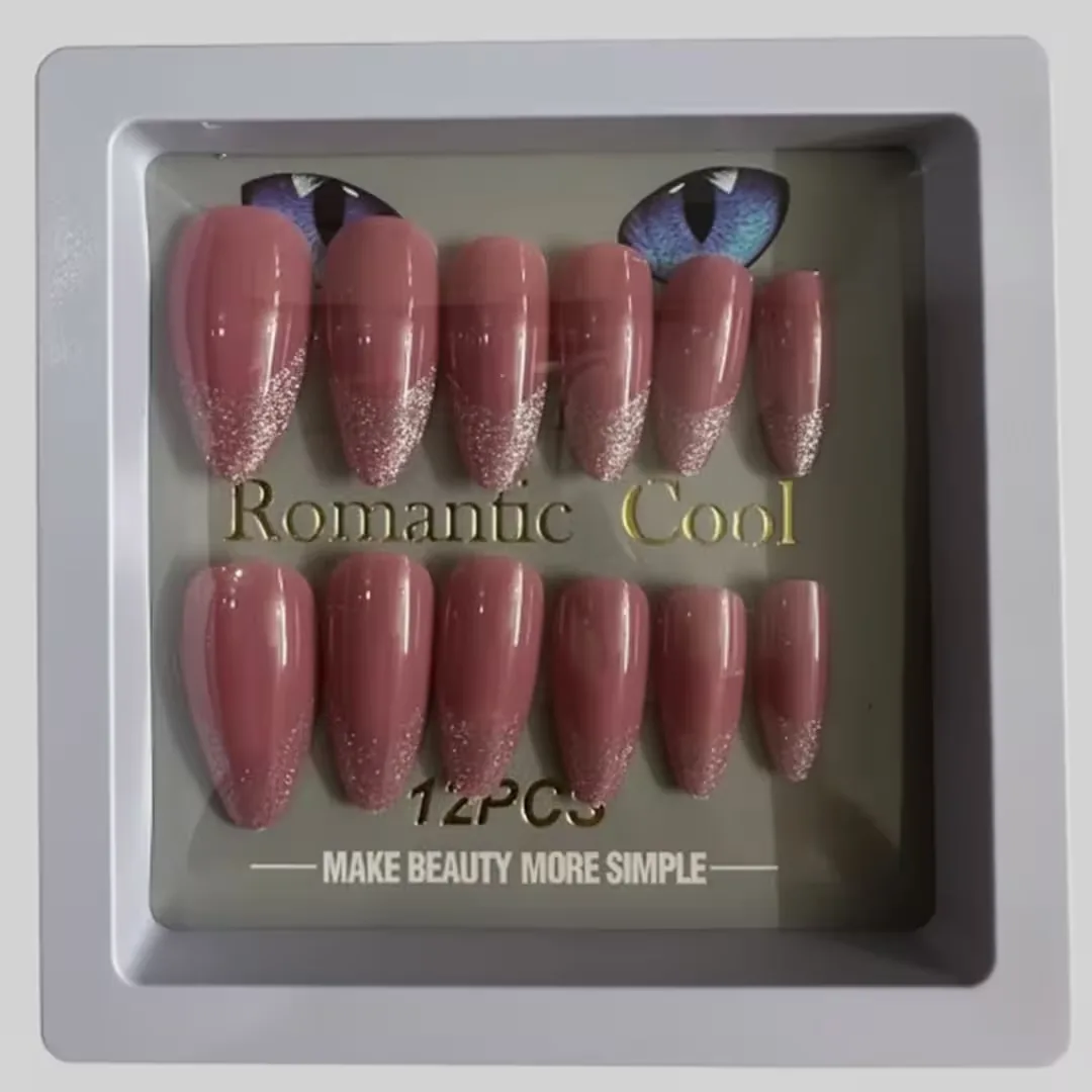 Romantic Cool Dusty Pink Silver Glitter Almond Press-On Nails photo 3