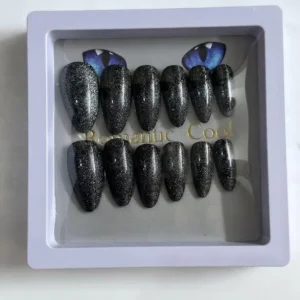 Romantic Cool Grey Black Glitter Almond Press-On Nails photo 1