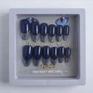 Romantic Cool Navy Blue Silver Glitter Tip Press-On Nails photo 1